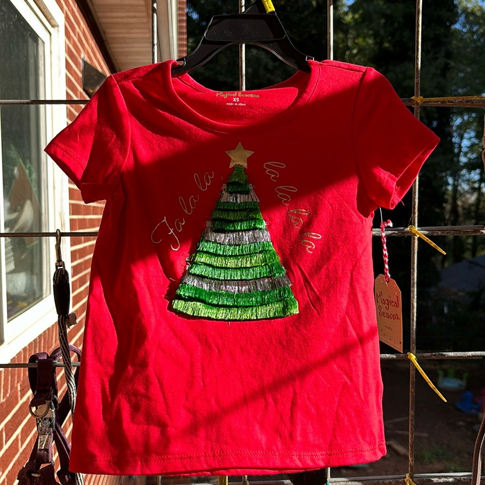 NWT Magical Season Red Fa La La Fringed Christmas Tree Short Sleeves Tee XS